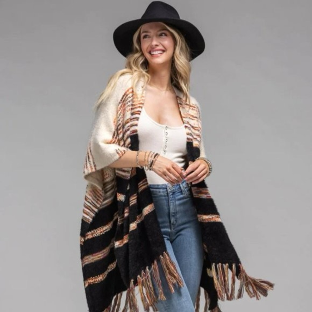 NWOT Striped Fringe Ruana Wrap Poncho